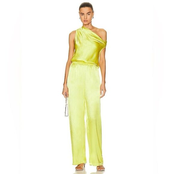 Enza Costa Sold Out Satin High Waist Wide Leg Pull On Pants in Acid Green size S - Picture 1 of 13